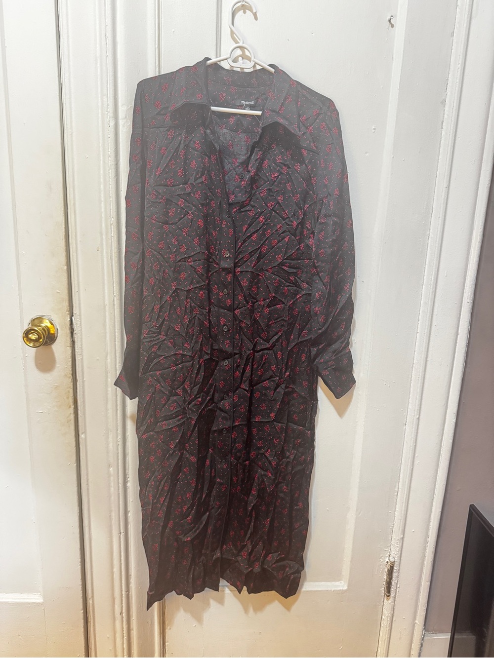 Madewell Black Long-Sleeve Shirt Dress with Red Floral Print